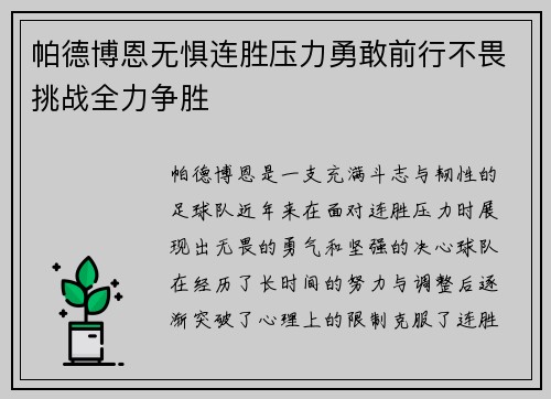 帕德博恩无惧连胜压力勇敢前行不畏挑战全力争胜