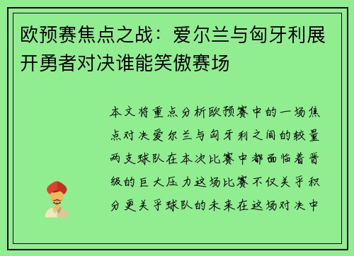 欧预赛焦点之战：爱尔兰与匈牙利展开勇者对决谁能笑傲赛场