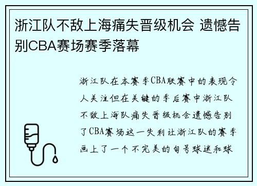 浙江队不敌上海痛失晋级机会 遗憾告别CBA赛场赛季落幕