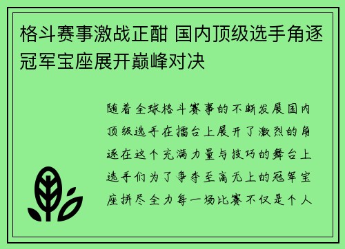 格斗赛事激战正酣 国内顶级选手角逐冠军宝座展开巅峰对决